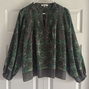 Rose + Olive Green Floral Print Blouse - Size Medium